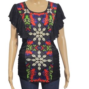 Custo Barcelona  Black Flutter Sleeve Top with Colorful Shell Motif Size US 2